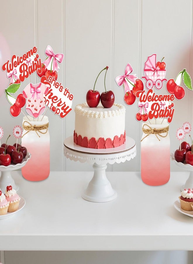 Fangleland 24Pcs Cherry Bow Baby Shower Centerpiece Sticks, She's The Cherry On Top Welcome Baby Table Toppers, Pink Red Cherry Theme Gender Reveal Party Supplies Photo Booth Props - Image 3