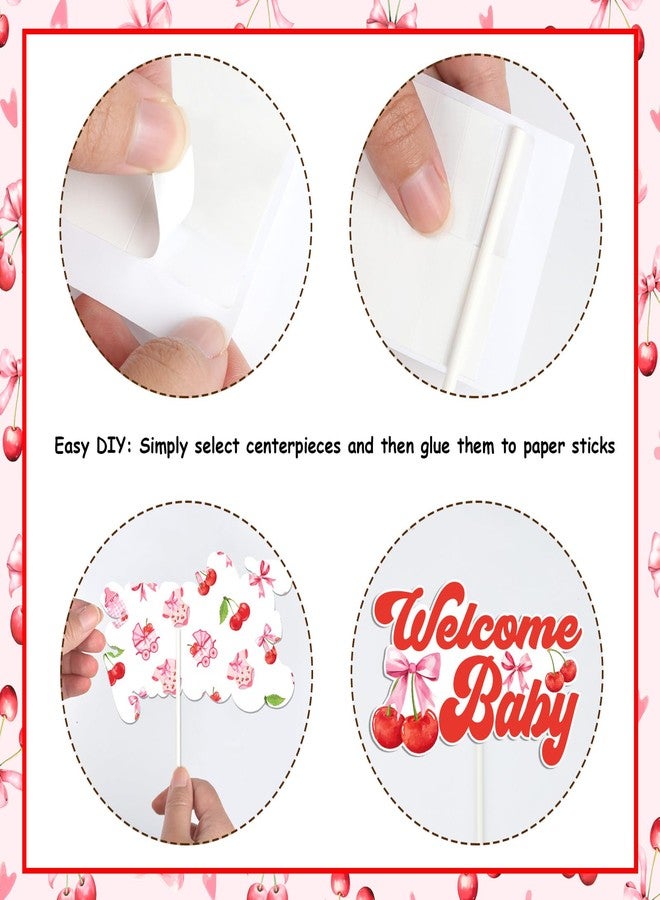 Fangleland 24Pcs Cherry Bow Baby Shower Centerpiece Sticks, She's The Cherry On Top Welcome Baby Table Toppers, Pink Red Cherry Theme Gender Reveal Party Supplies Photo Booth Props - Image 4