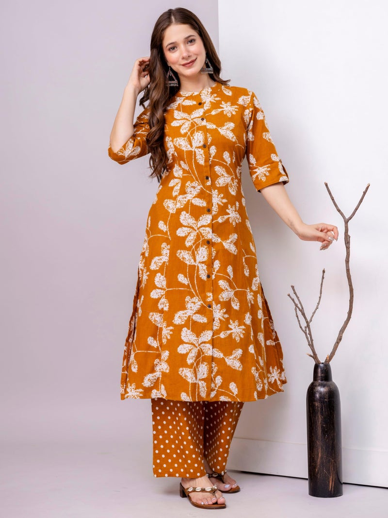 rytras Women's Pure Cotton Printed Ethnic Wear A-Line Kurta Set with Palazzo Pants(RYT668,Mustard,S) - Image 4