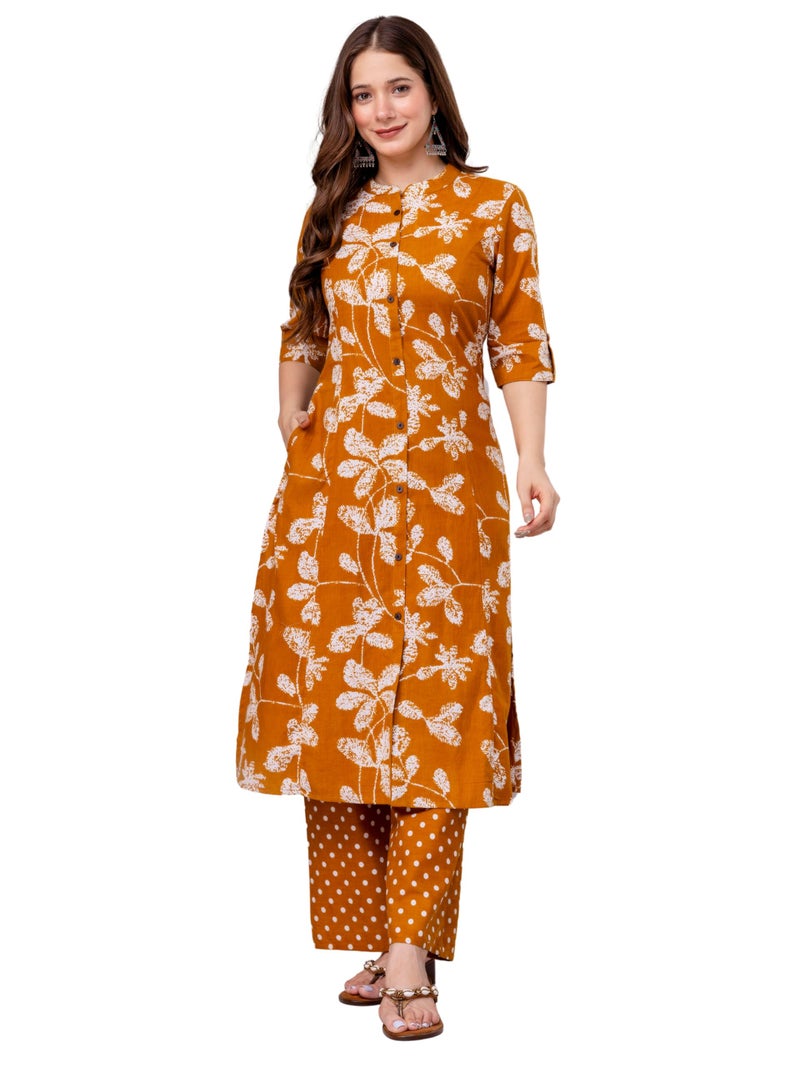 rytras Women's Pure Cotton Printed Ethnic Wear A-Line Kurta Set with Palazzo Pants(RYT668,Mustard,S) - Image 1