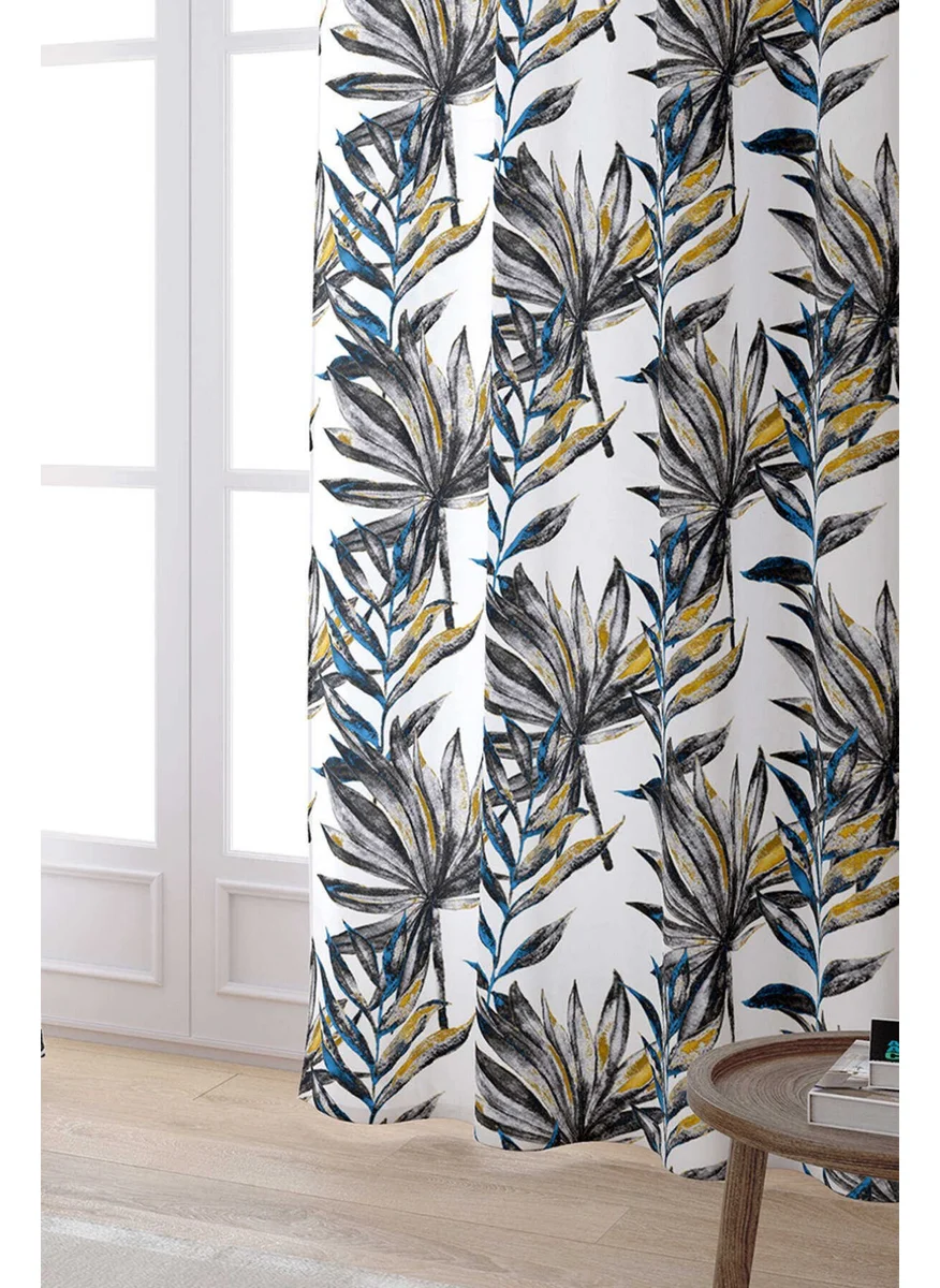 Cango Home White Black Leaf Patterned Digital Printed Curtain OTYK729-PR