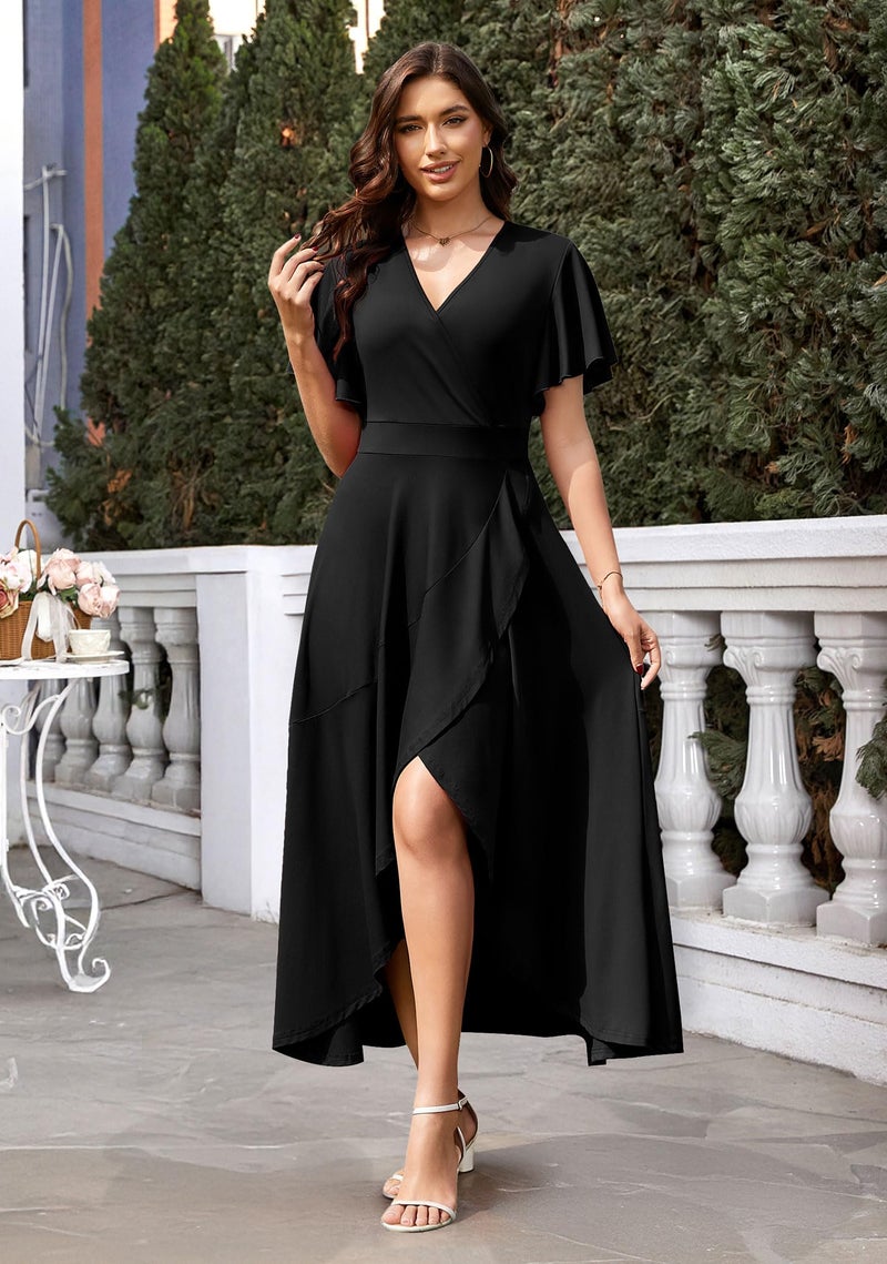 WEACZZY Formal Dresses for Women Gowns Evening Party Cocktail Dress Long Split Elegant V Neck Wrap Ruffle Wedding Guest Dresses,Black,XL - Image 3