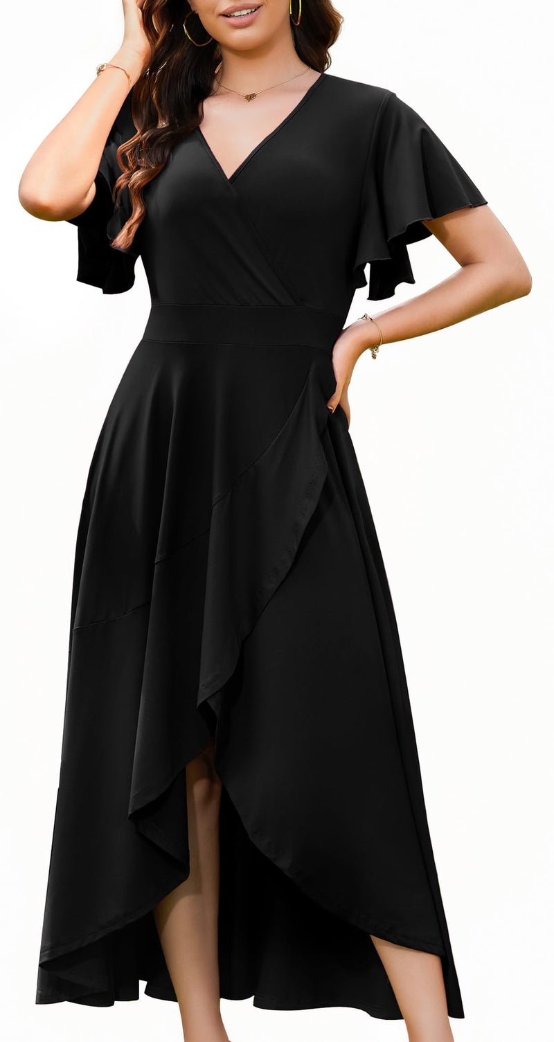 WEACZZY Formal Dresses for Women Gowns Evening Party Cocktail Dress Long Split Elegant V Neck Wrap Ruffle Wedding Guest Dresses,Black,XL - Image 1