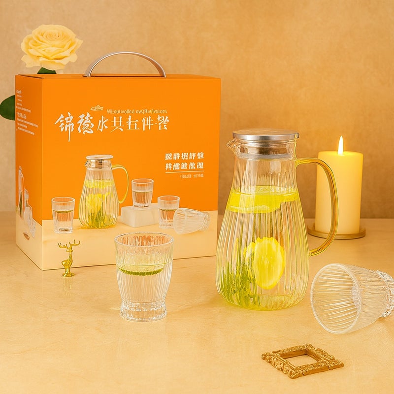 Clear glass pitcher and juice set, ribbed design, with short cups, 5 in 1