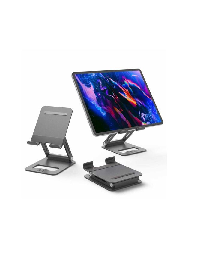 Minthouz Tablet Stand, Adjustable & Foldable Tablet Holder, Compact Aluminum Phone Stand with Anti-Slip Pads, Compatible with All 4.7 -12.9 inches Mobile Phones/E-Readers/ Tablets/ Ultrabooks - Gray - Image 1