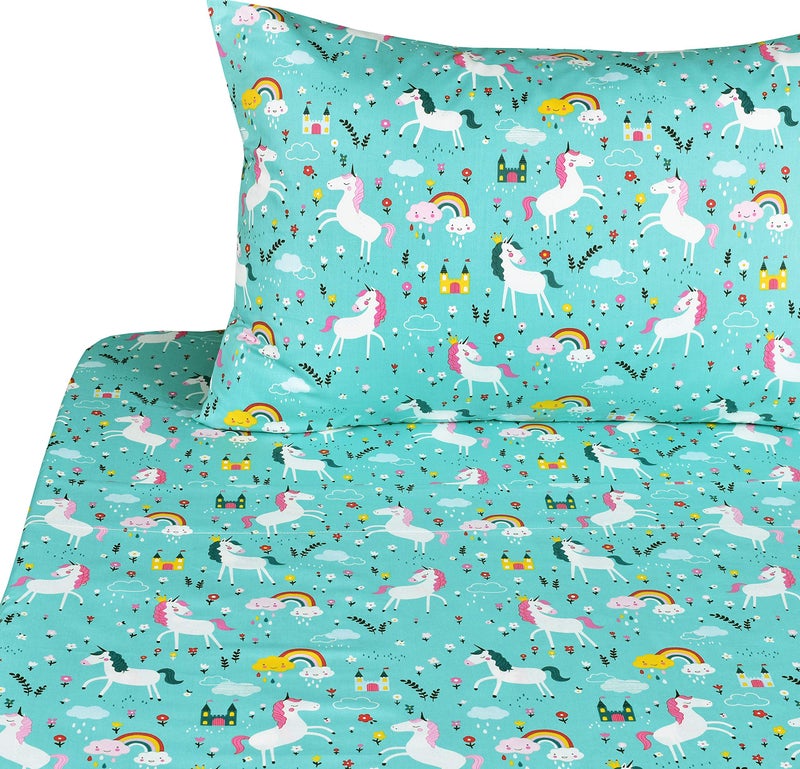 J-pinno Jpinno Unicorn Rainbow Green Twin 100 Cotton 3 Pieces Sheet Set Bedroom Decoration Gift Flat Sheet  Fitted Sheet  Pillowcase Bedding Set for Unisex Boys Girls