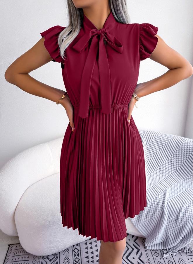 Take Two Burgundy Solid Ruffle Sleeve Pleated Mini Dress - Image 5