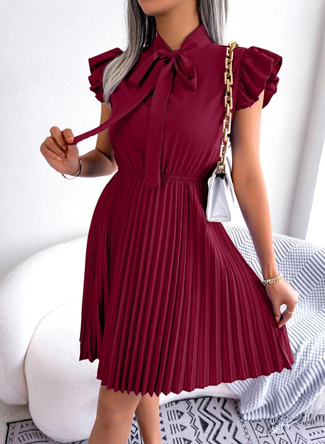Take Two Burgundy Solid Ruffle Sleeve Pleated Mini Dress - Image 3
