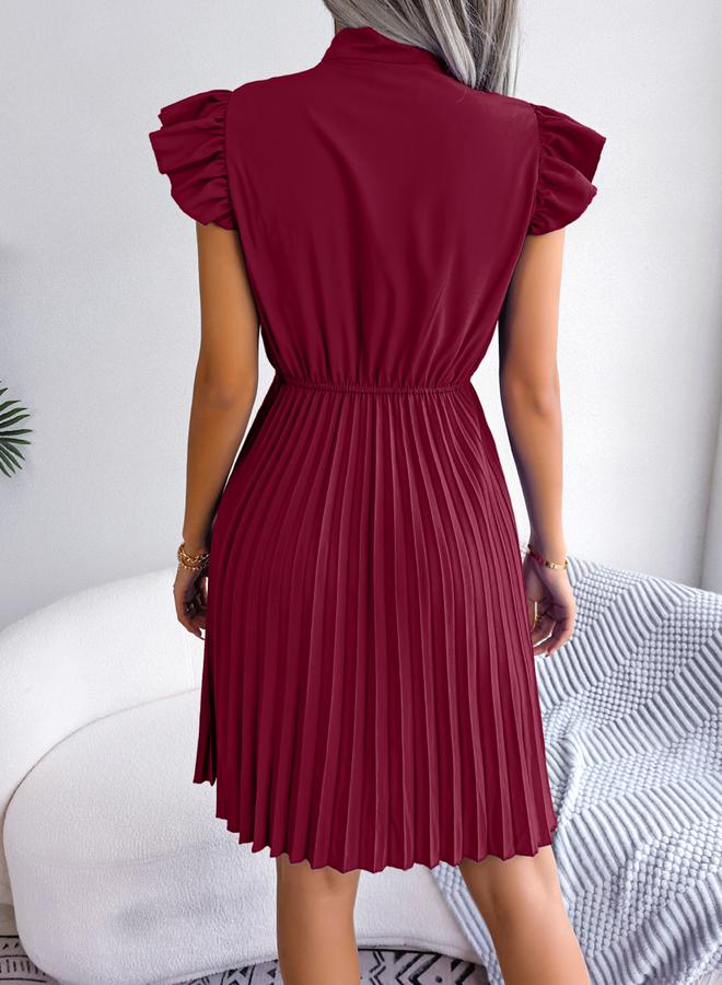 Take Two Burgundy Solid Ruffle Sleeve Pleated Mini Dress - Image 4