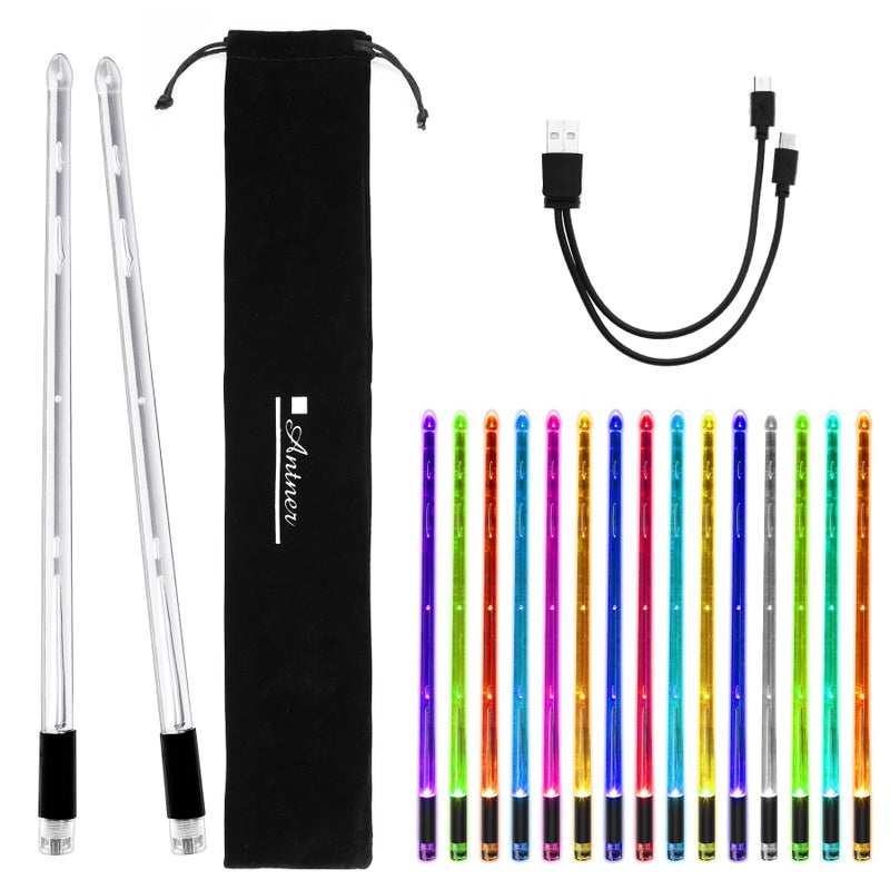 Antner Rechargeable 15 Color Changing LED Light Up Drum Sticks Glow In The Dark Cool Drumsticks with Storage Bag for Adults Drummers Gifts - Durable Professional PC Polymer Material Drum Sticks - Image 1