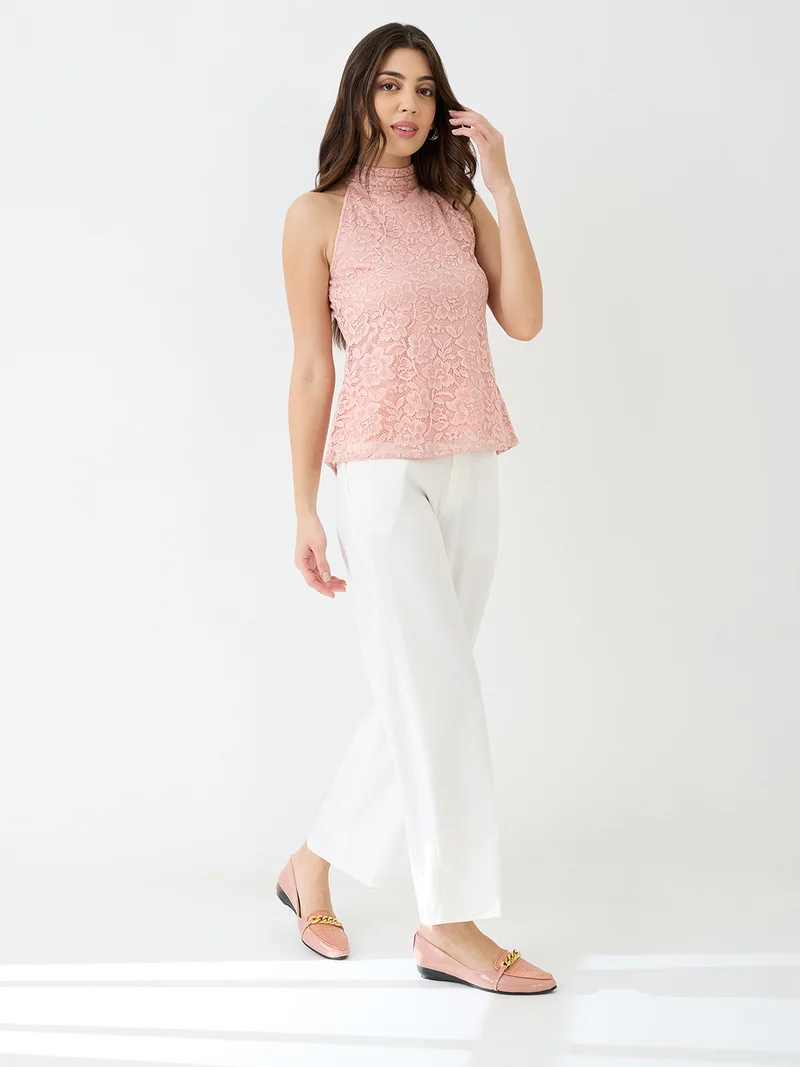 globus Women Pink Halter Neck Self Design Floral Lace Party Top