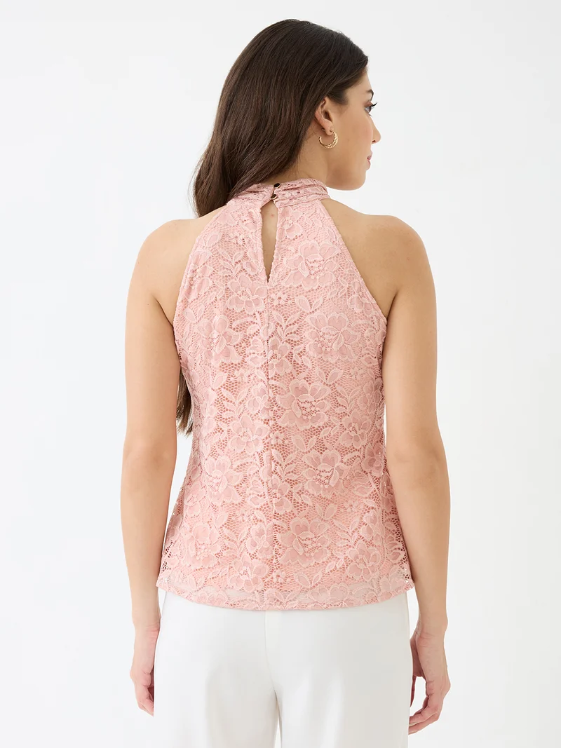 globus Women Pink Halter Neck Self Design Floral Lace Party Top