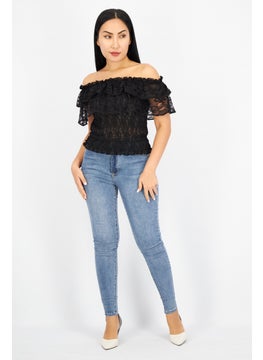 Women Off Shoulder Short Sleeves Eyelet Blouse, Black - pzsku/ZFD674D673F1399D863DEZ/45/_/1733062289/3cf9806e-4ecc-4dc9-8f2f-277cf77c899b