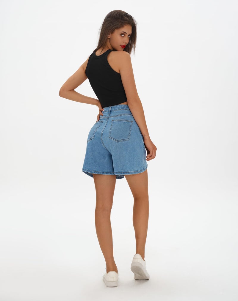 roswear Women’s Wide Leg Denim High Waisted Stretchy Loose Jean Shorts Blue Medium - Image 3