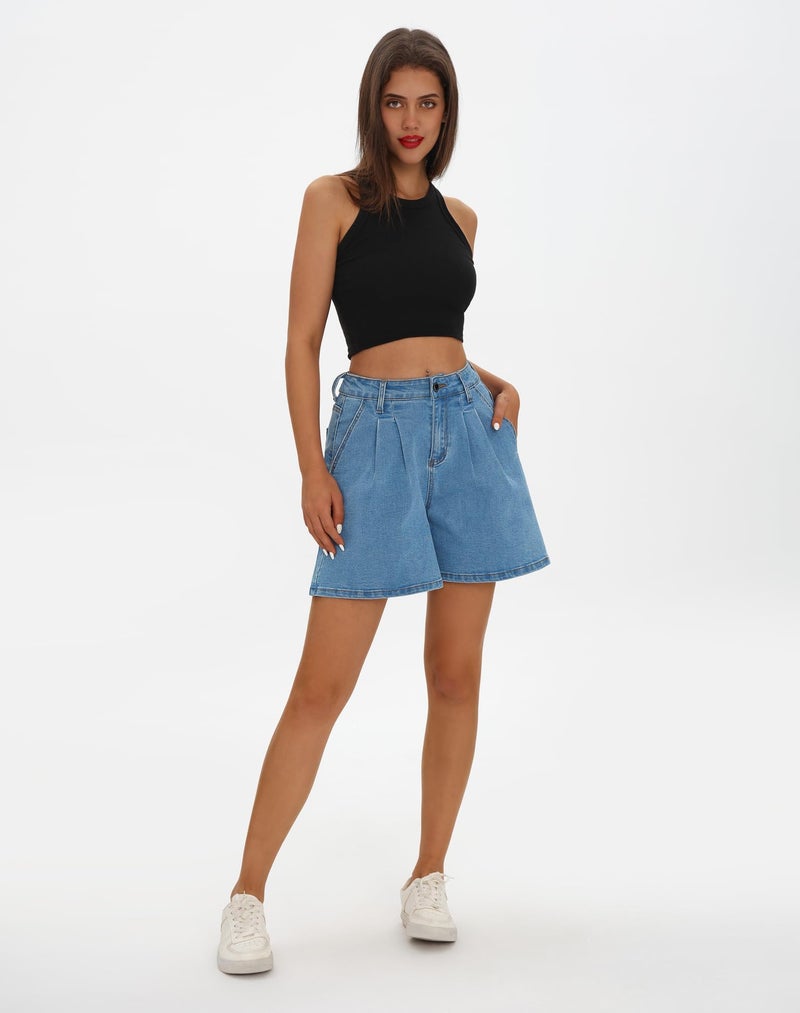 roswear Women’s Wide Leg Denim High Waisted Stretchy Loose Jean Shorts Blue Medium - Image 2