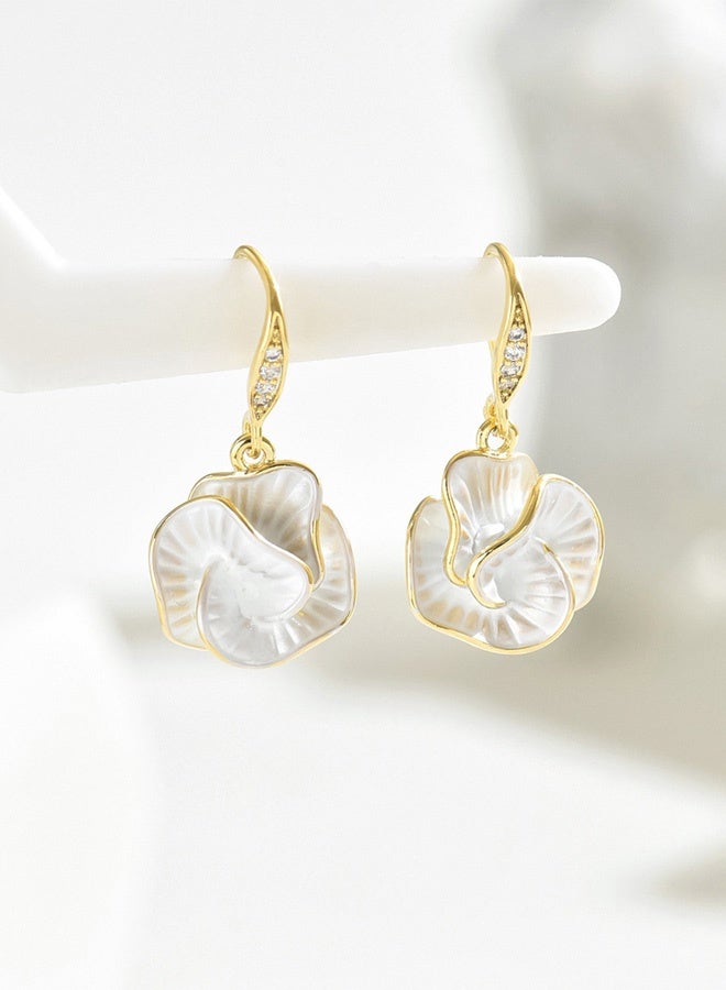 DAEVO Gold Plated White Enamel Camellia Floral Drop Earrings for Women - Image 3