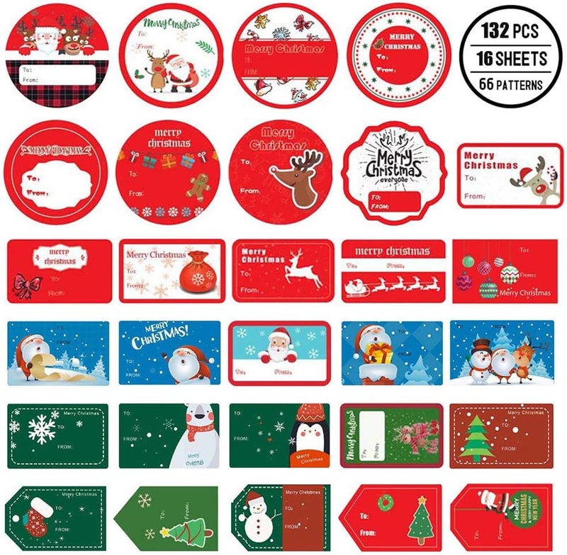 Phirosa 132 PCS Christmas Tags Stickers Self Adhesive Santa Snowmen Xmas Tree Deer Christmas Festival Birthday Wedding Holiday Decorative Presents Labels - Image 1
