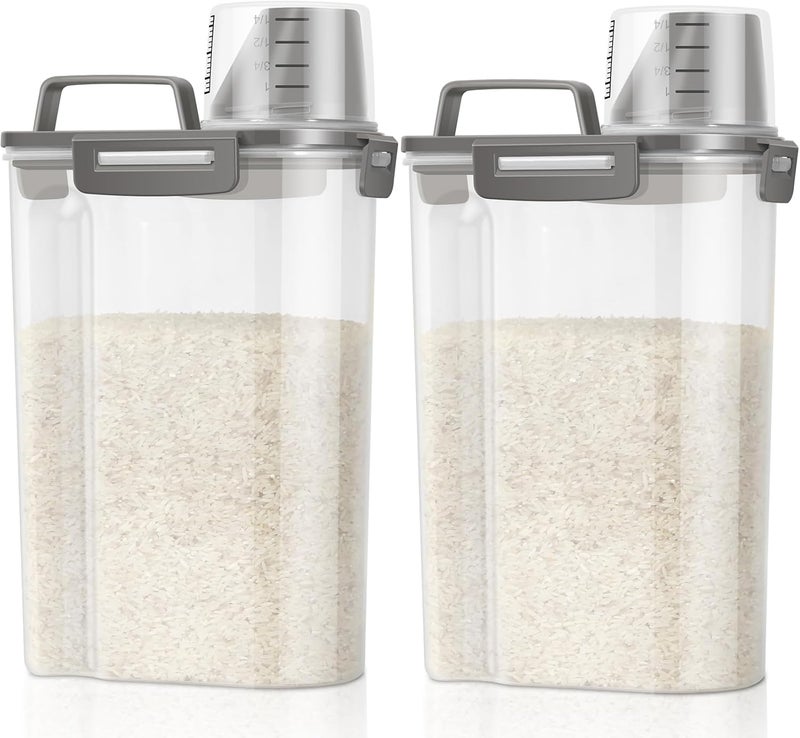 TBMax Rice Container Cereal Storage Container 2 Pack 5 Lbs, Kitchen Pantry Dry Food Storage Holder with Easy-Pouring Spout & Handy Cup, Small Pet Dog Cat Food Dispenser for Daily Feeding -Grey - Image 1