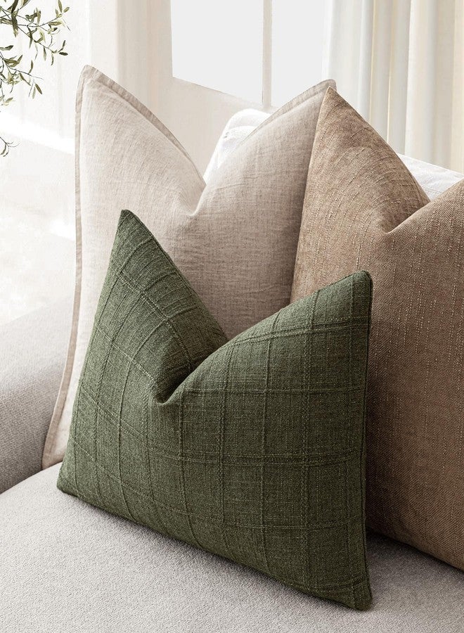 Foindtower Set of 1 Decorative Linen Check Throw Pillow Cover Neutral Farmhouse Lumbar Cushion Cover Modern Boho Home Decor for Sofa Chair Couch Bedroom Living Room,12×20 Inch,Olive Green - Image 5
