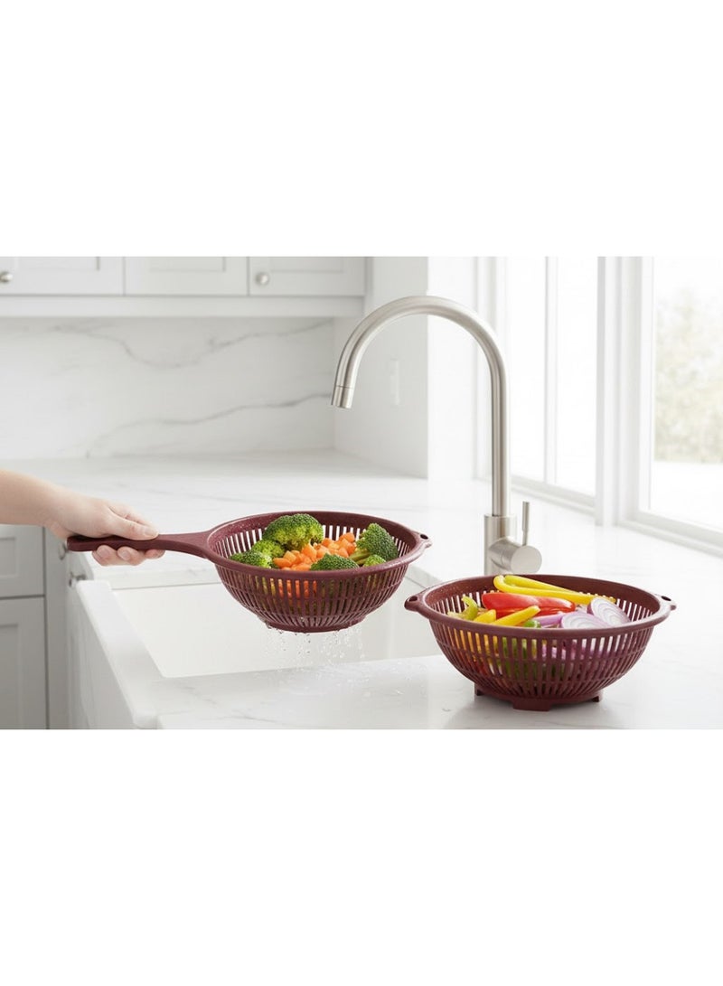favilla 2-Piece Multi-Purpose Kitchen Colander Set – Large Colander + Strainer with Handle for Washing Fruits, Vegetables, and Kitchen Utensils – Dark Red - Image 1