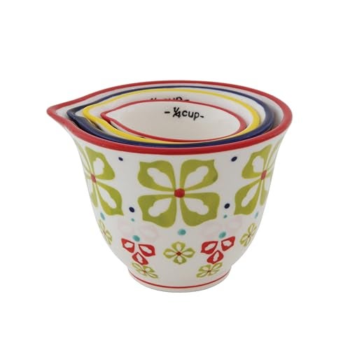 Creative Co-Op Floral Hand Stamped Stoneware Measuring Cups (Set of 4 Sizes/Designs) - Image 4