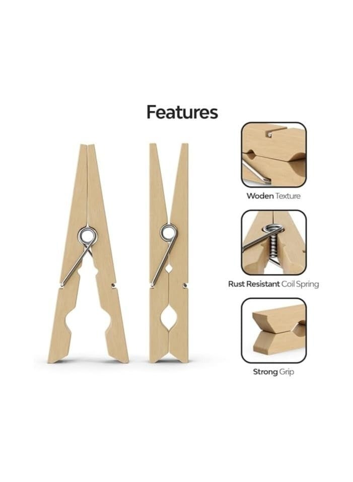 100 Pack Wooden Clothespins | Rust & Stain Resistant Bamboo Clothes Pegs | Durable, Eco-Friendly, Strong Grip Clips for Clothesline, Home, Kindergarten & DIY - Image 3