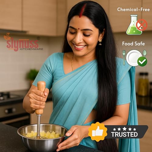 Slynuss ® | Potato Masher Stainless Steel | Pav Bhaji Smasher for Kitchen with Wooden Handle | Potato Smasher | Kitchen utilities | Pack of 1| (Round-Size-3), 8.5 CM - Image 2