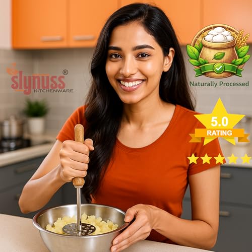 Slynuss ® | Potato Masher Stainless Steel | Pav Bhaji Smasher for Kitchen with Wooden Handle | Potato Smasher | Kitchen utilities | Pack of 1| (Round-Size-3), 8.5 CM - Image 5