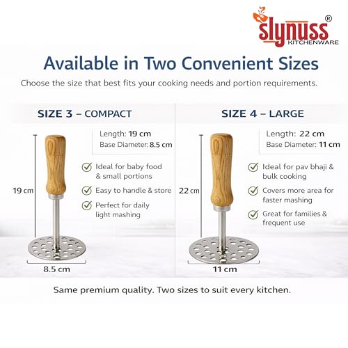 Slynuss ® | Potato Masher Stainless Steel | Pav Bhaji Smasher for Kitchen with Wooden Handle | Potato Smasher | Kitchen utilities | Pack of 1| (Round-Size-3), 8.5 CM - Image 3