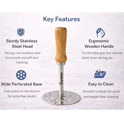 Slynuss ® | Potato Masher Stainless Steel | Pav Bhaji Smasher for Kitchen with Wooden Handle | Potato Smasher | Kitchen utilities | Pack of 1| (Round-Size-3), 8.5 CM - Image 4
