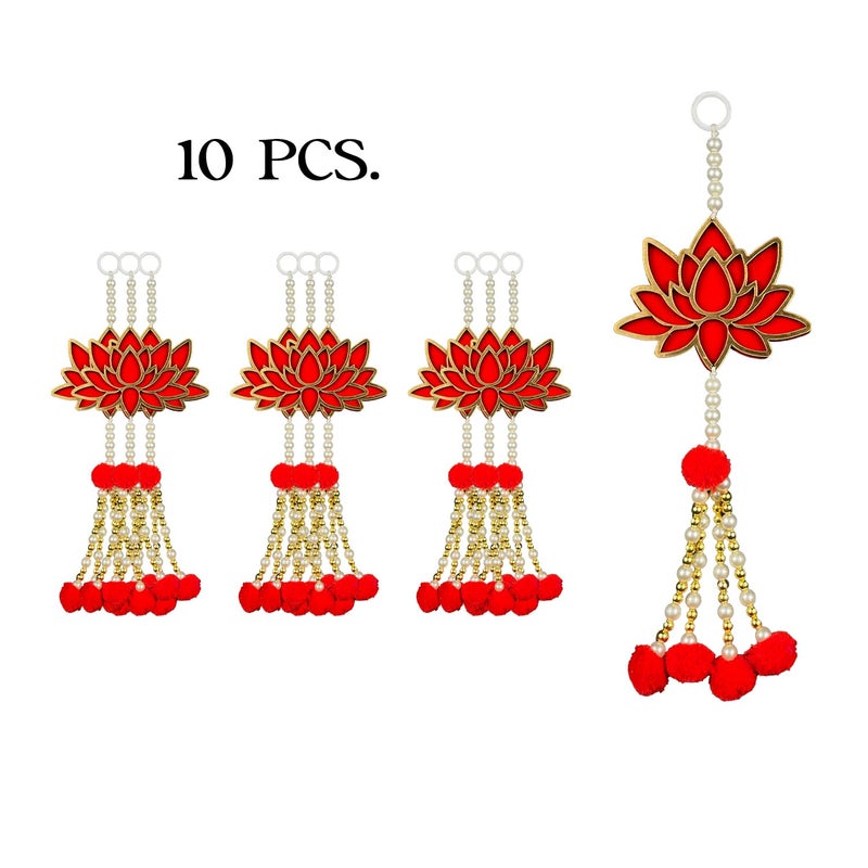 HNA GIFTING HNA GIFTING Handmade Wall Decor Lotus with jhumki Style Hanging for Home DecorDiwali DecorWedding and All Festival Decor Lotus with Pom Pom Pack of 10  - Image 2