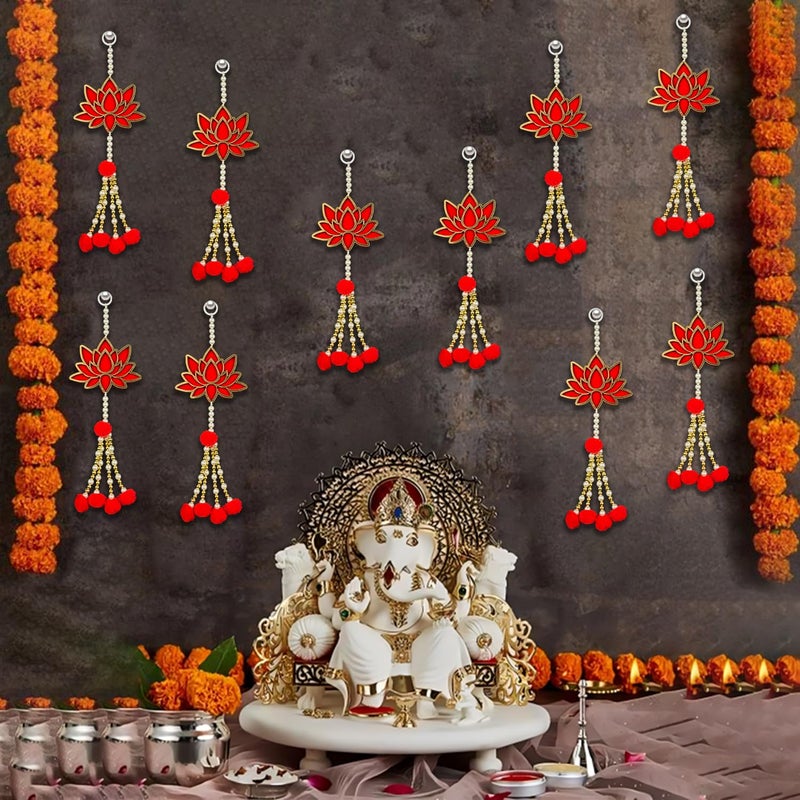 HNA GIFTING HNA GIFTING Handmade Wall Decor Lotus with jhumki Style Hanging for Home DecorDiwali DecorWedding and All Festival Decor Lotus with Pom Pom Pack of 10  - Image 4