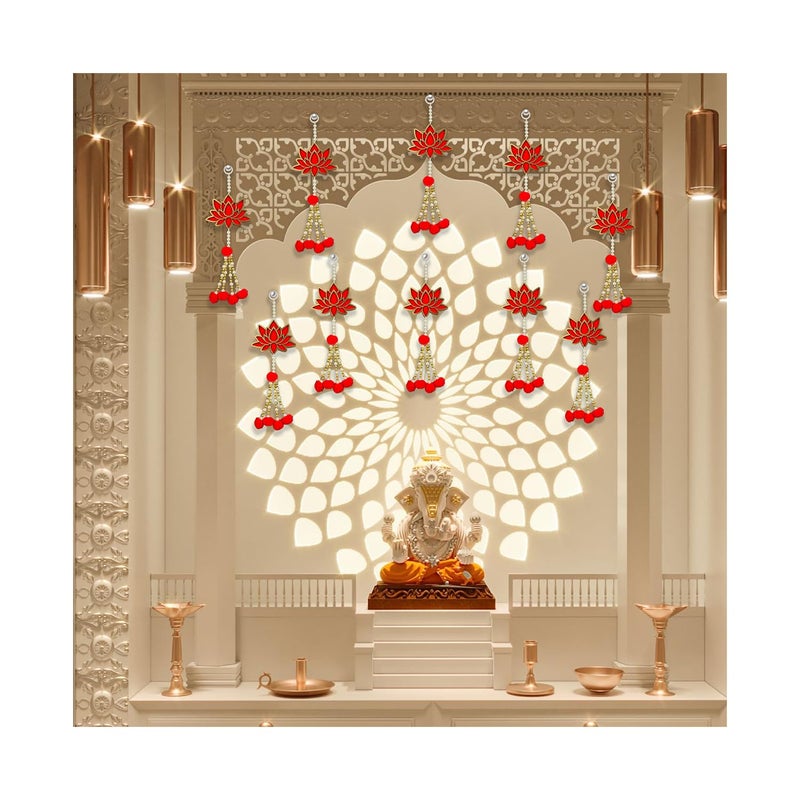 HNA GIFTING HNA GIFTING Handmade Wall Decor Lotus with jhumki Style Hanging for Home DecorDiwali DecorWedding and All Festival Decor Lotus with Pom Pom Pack of 10  - Image 1