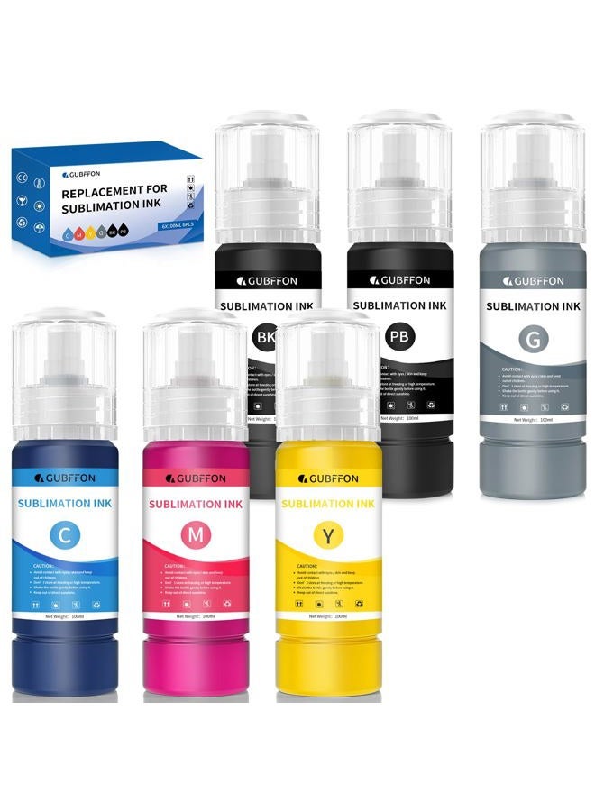 GUBFFON Sublimation Ink for Ecotank ET-8550 ET-8500 Wide Format Supertank Printers Heat Press Transfer on T-Shirt Tumblers(6x100ml BK PB C M Y GY) Auto-Fill ICC-Free - Image 1