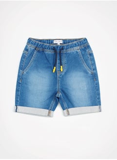Web Denim Web Denim Elastic Waistband With Drawstring Yellow Printed Cotton Denim Shorts Comfortable Textured Regular Boy's Shorts Stylish Shorts  - Image 1
