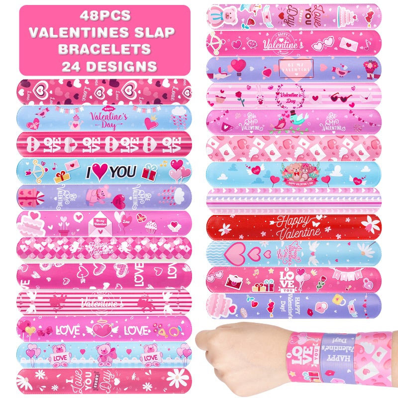 Thuodo 48 Pcs Valentines Day Slap Bracelets with Colorful Hearts for Birthday Gifts for Kids Party Supplies Favors Classroom Exchange Birthday Giveaways Game Prizes Kids Party Favors - Image 4