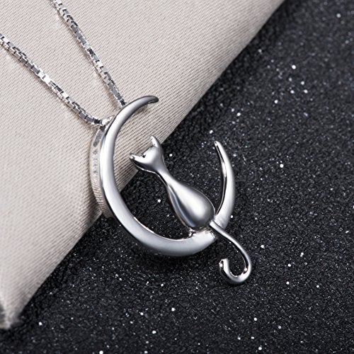 S.Leaf Sterling Silver Cat Moon Necklace Cat Lady Jewelry Lover Gifts Pendant Collarbone Necklace for Women Trendy Birthday Friendship Gifts for Womens Party(cat necklace_silver) - Image 4
