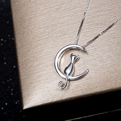 S.Leaf Sterling Silver Cat Moon Necklace Cat Lady Jewelry Lover Gifts Pendant Collarbone Necklace for Women Trendy Birthday Friendship Gifts for Womens Party(cat necklace_silver) - Image 3