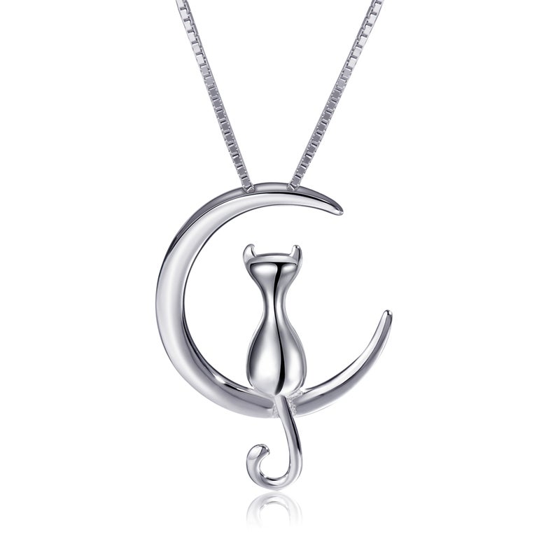 S.Leaf Sterling Silver Cat Moon Necklace Cat Lady Jewelry Lover Gifts Pendant Collarbone Necklace for Women Trendy Birthday Friendship Gifts for Womens Party(cat necklace_silver) - Image 5