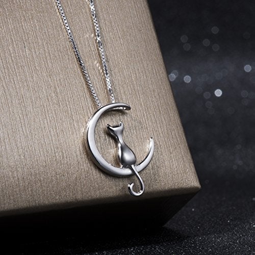 S.Leaf Sterling Silver Cat Moon Necklace Cat Lady Jewelry Lover Gifts Pendant Collarbone Necklace for Women Trendy Birthday Friendship Gifts for Womens Party(cat necklace_silver) - Image 2