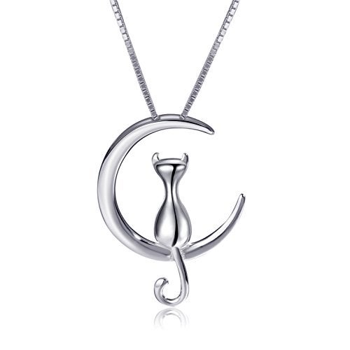 S.Leaf Sterling Silver Cat Moon Necklace Cat Lady Jewelry Lover Gifts Pendant Collarbone Necklace for Women Trendy Birthday Friendship Gifts for Womens Party(cat necklace_silver) - Image 1
