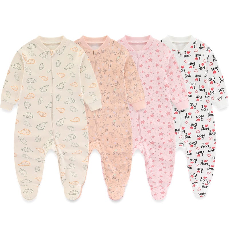 MAMIMAKA Baby Girls One-Piece Footies Romper 2-way Zip Cotton Bodysuit Long-Sleeve Jumsuit, 3-6 Months - Image 1
