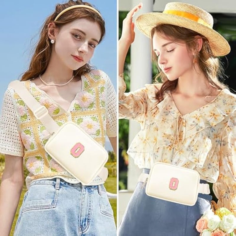 Fanny Pack Belt Bag for Women Girls Small Crossbody Bag with Initial Letter Cute Preppy Waist Packs Trendy Travel Accessories Personalized  Birthday Gifts for Running Hiking Beige O - Image 2