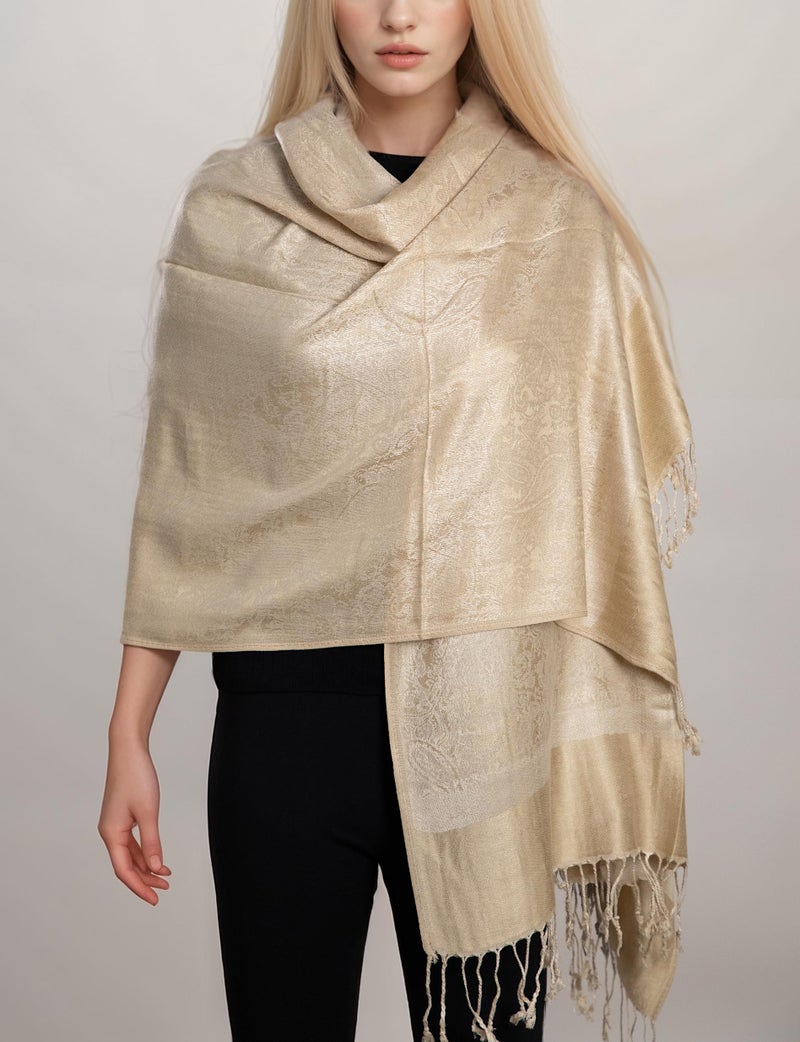 Achillea Two Tone Vintage Jacquard Paisley Pashmina Shawl Wrap Scarf (Champagne) - Image 3