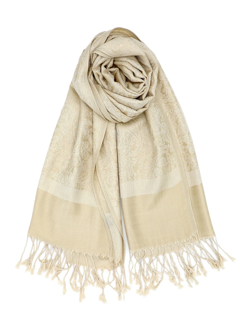 Achillea Two Tone Vintage Jacquard Paisley Pashmina Shawl Wrap Scarf (Champagne) - Image 1