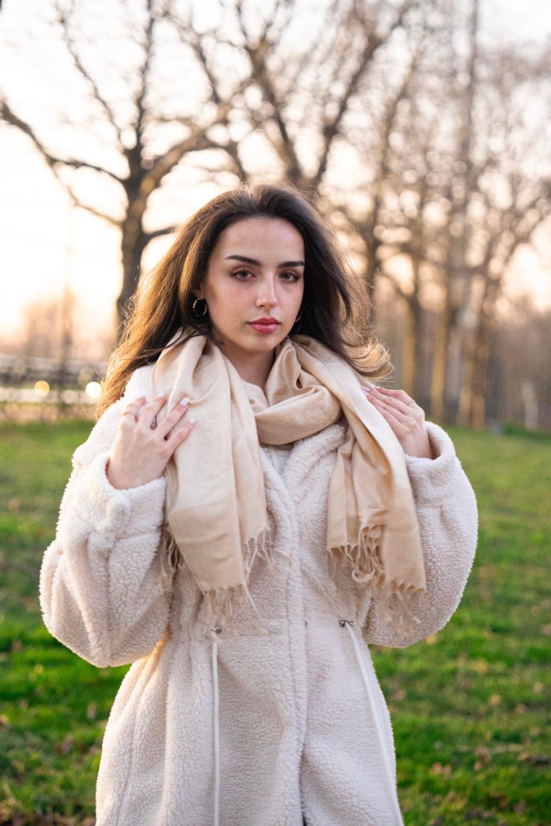 Achillea Two Tone Vintage Jacquard Paisley Pashmina Shawl Wrap Scarf (Champagne) - Image 4