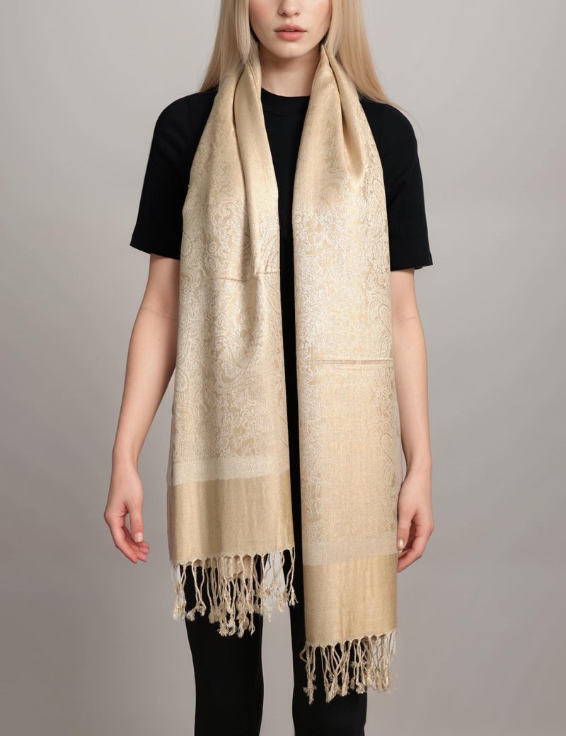 Achillea Two Tone Vintage Jacquard Paisley Pashmina Shawl Wrap Scarf (Champagne) - Image 2