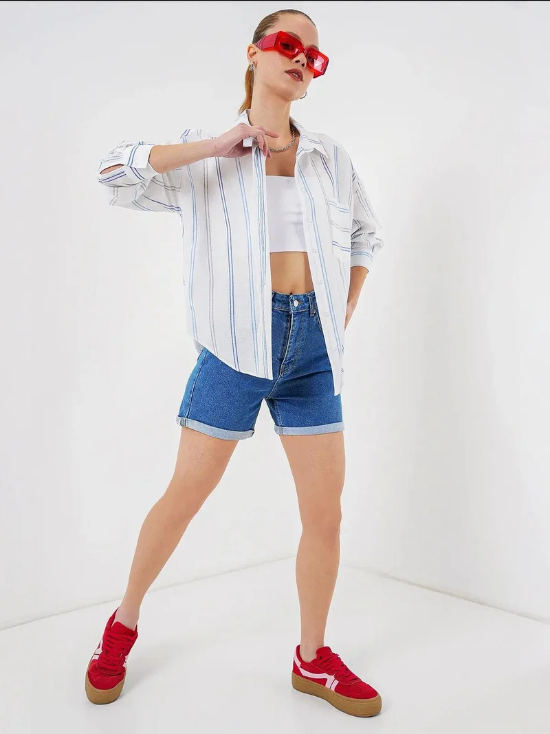 BIG DART BDART Oversized Striped Cotton Shirt with Pocket