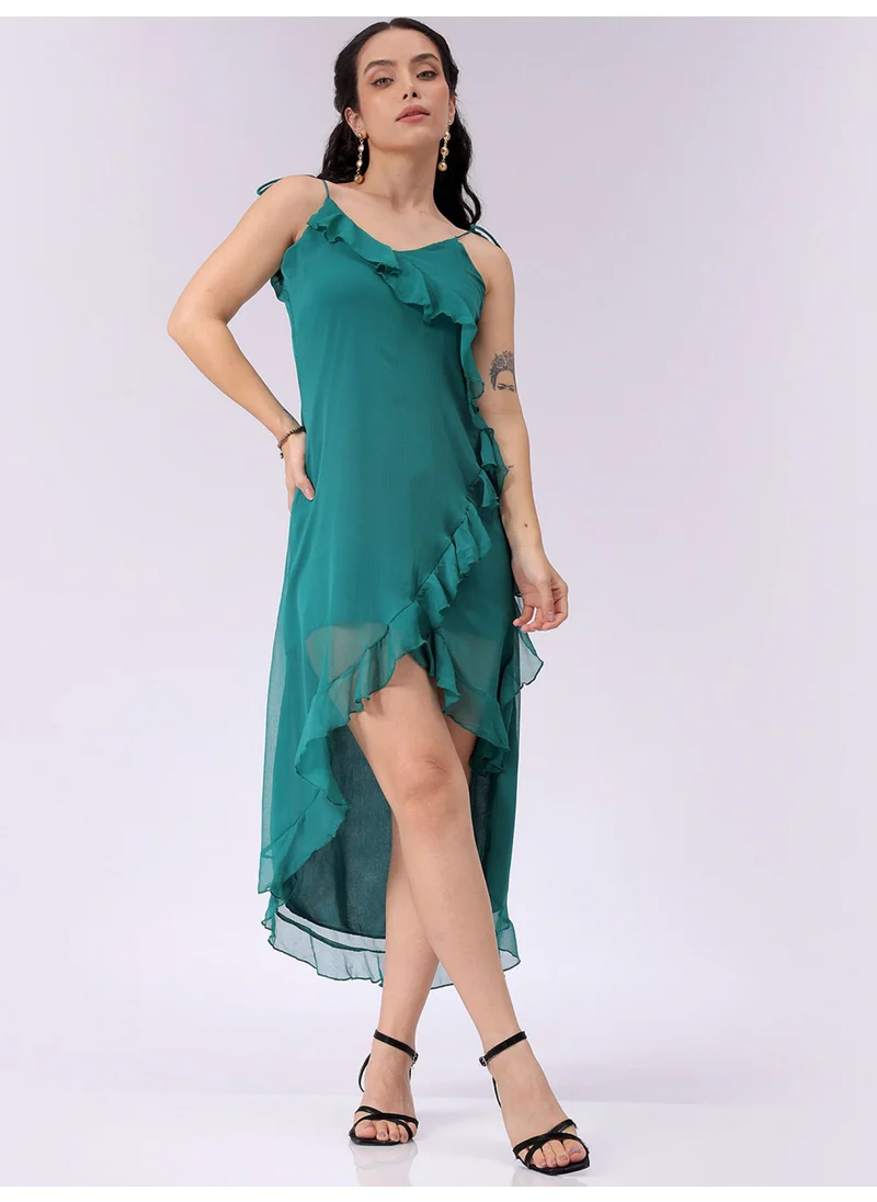 مرفوعة Women Casual A Line Solid Ruffle V-Neck Long Length Asymmetric Dress