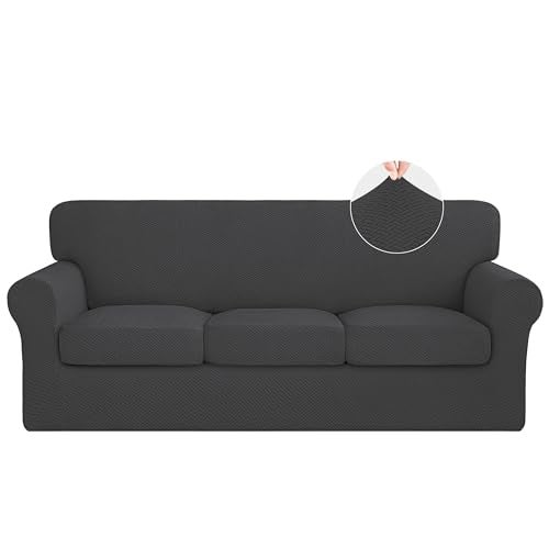 ISSUNTEX 4 Pieces High Stretch Thicken Couch Covers, Soft Sofa Slipcover for 3 Separate Cushion , Jacquard Fabric Elastic Furniture Protector for Dogs (Sofa, Dark Gray) - Image 1